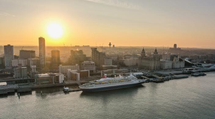Fred olsen cruise line at sunrise at the liverpool cruise terminal - aerial photograph