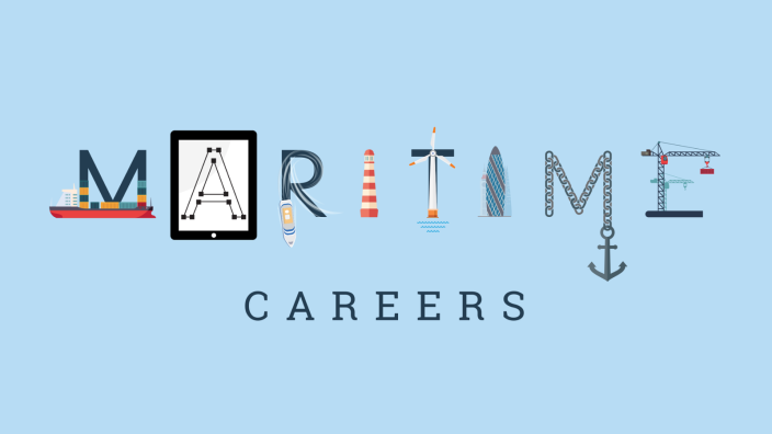 pale blue block with wording saying MARITIME CAREERS - each letter in maritime features a different maritime reference inckuding a ship, a lighthouse, a drawn letter