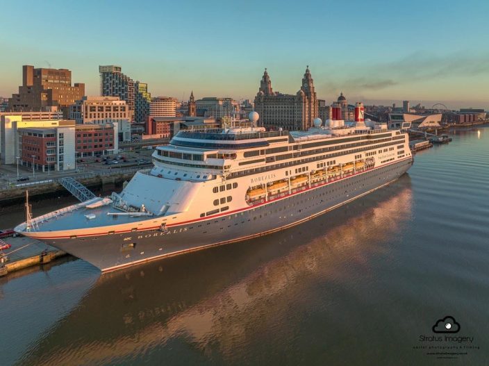 fred olsen cruise ship in front of liverpool cruise terminal by stratus imagery celebrating anniversary